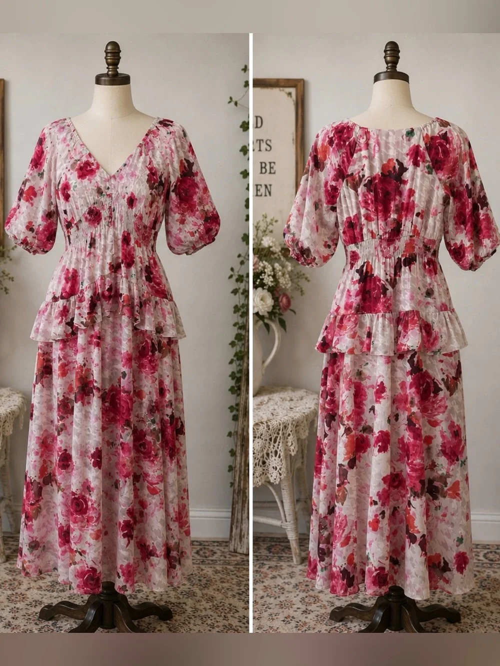 Floral Midi Dress Roses Smocked Waist Feminine Romantic Cottagecore Euro Summer - Picture 15 of 16